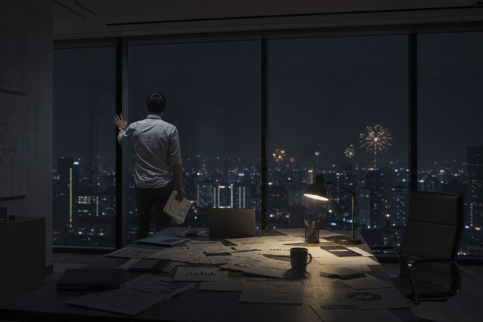 深夜办公室里望向城市灯火与烟花的掌舵人