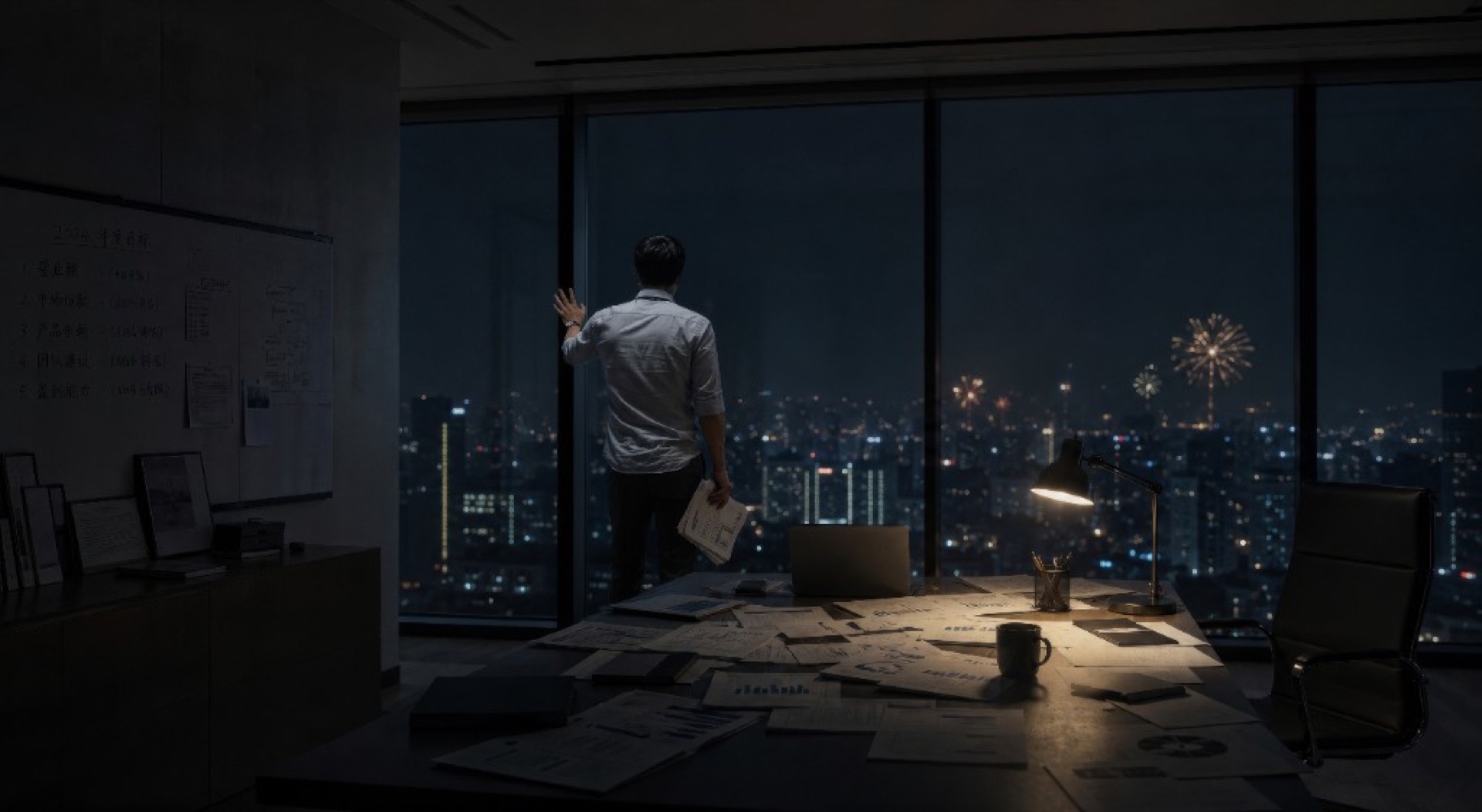 深夜办公室里望向城市灯火与烟花的掌舵人